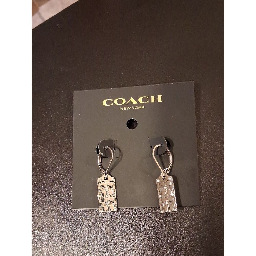 COACH Silver Crystal Quilted C Drop Earrings New - Picture 2 of 4